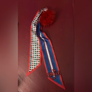Henri Bendel Red and Blue Neck Silk Scarf with Pom Pom